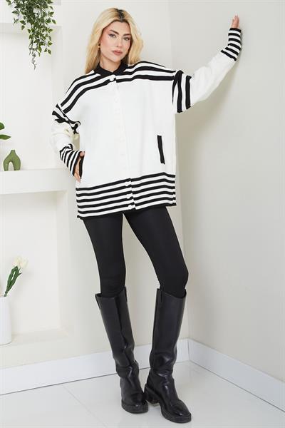 Bomber Yakalı Çizgili Triko Hırka SS2621 Beyaz