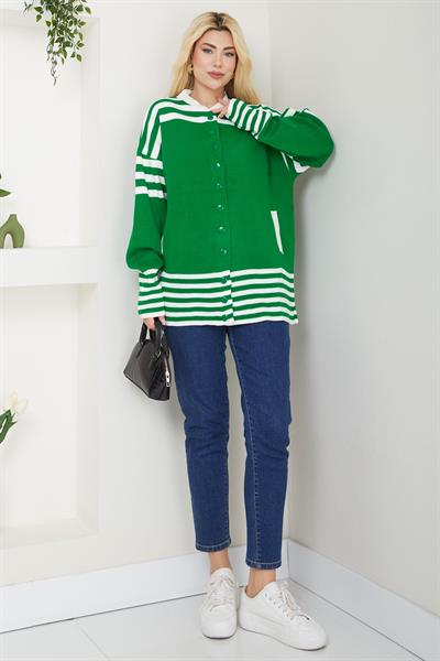 Bomber Yakalı Çizgili Triko Hırka SS2621 Yeşil