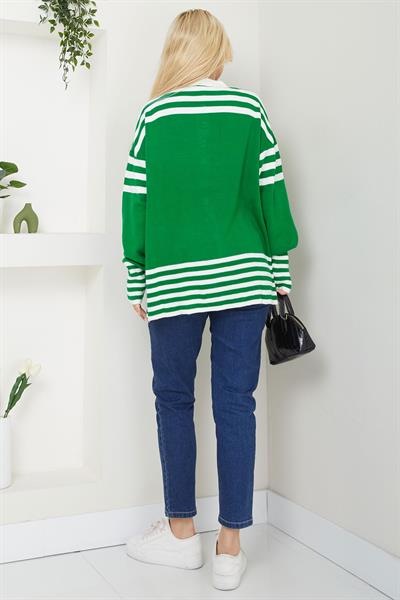 Bomber Yakalı Çizgili Triko Hırka SS2621 Yeşil
