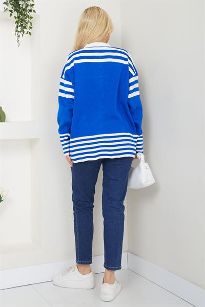 Bomber Yakalı Çizgili Triko Hırka SS2621 Saks