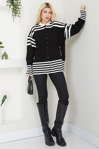 Bomber Yakalı Çizgili Triko Hırka SS2621 Siyah