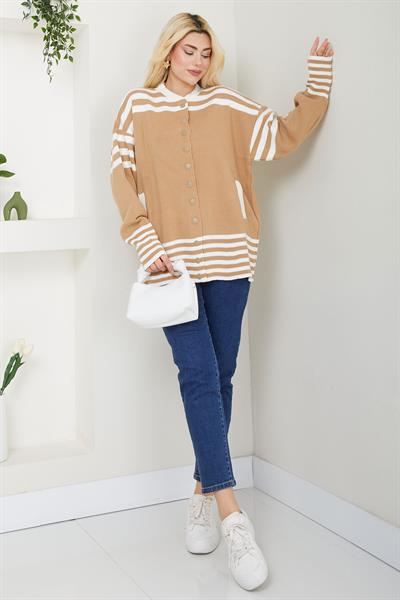 Bomber Yakalı Çizgili Triko Hırka SS2621 Camel