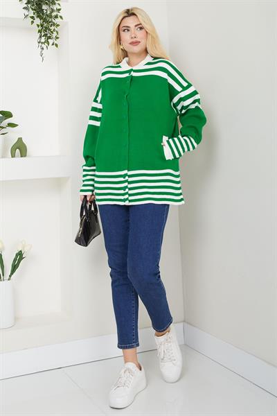 Bomber Yakalı Çizgili Triko Hırka SS2621 Yeşil