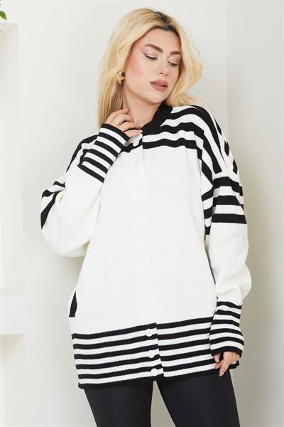Bomber Yakalı Çizgili Triko Hırka SS2621 Beyaz