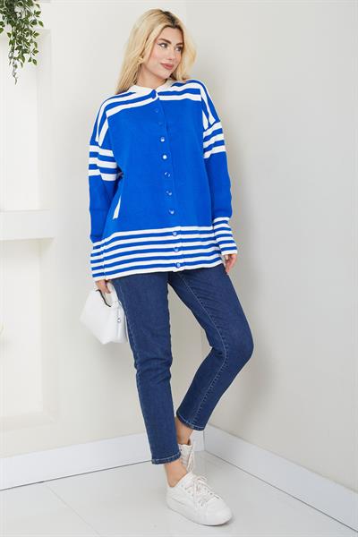 Bomber Yakalı Çizgili Triko Hırka SS2621 Saks