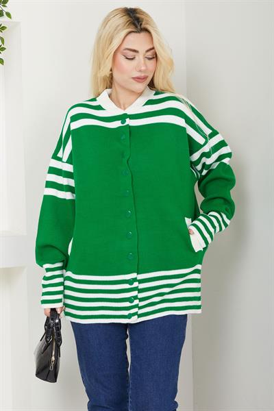 Bomber Yakalı Çizgili Triko Hırka SS2621 Yeşil