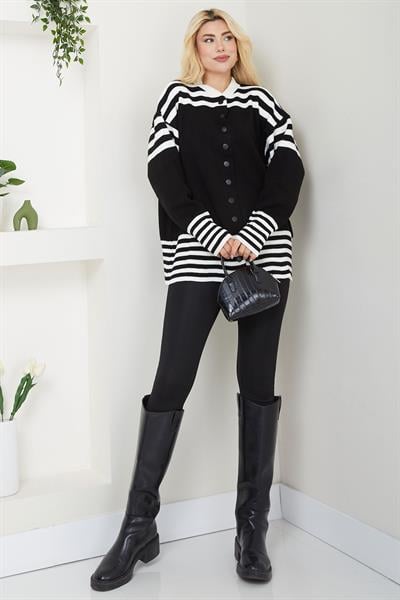 Bomber Yakalı Çizgili Triko Hırka SS2621 Siyah