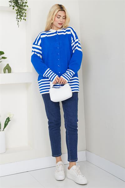 Bomber Yakalı Çizgili Triko Hırka SS2621 Saks