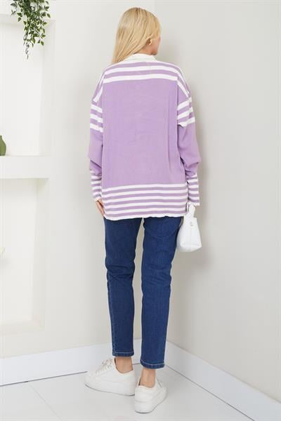 Bomber Yakalı Çizgili Triko Hırka SS2621 Lila