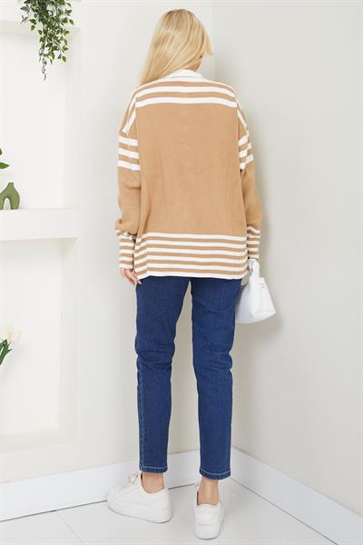Bomber Yakalı Çizgili Triko Hırka SS2621 Camel