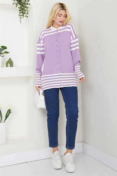 Bomber Yakalı Çizgili Triko Hırka SS2621 Lila