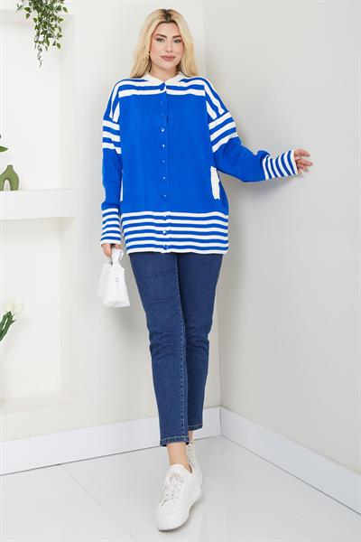 Bomber Yakalı Çizgili Triko Hırka SS2621 Saks