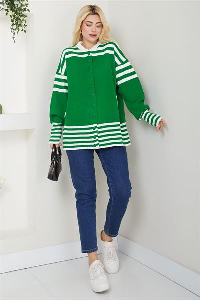 Bomber Yakalı Çizgili Triko Hırka SS2621 Yeşil