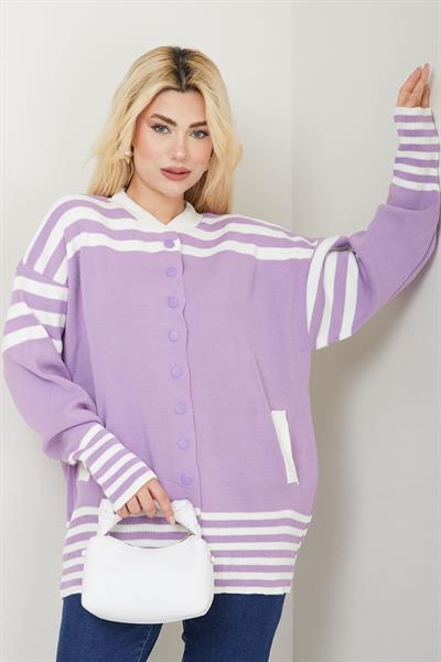 Bomber Yakalı Çizgili Triko Hırka SS2621 Lila