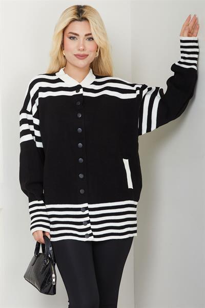 Bomber Yakalı Çizgili Triko Hırka SS2621 Siyah