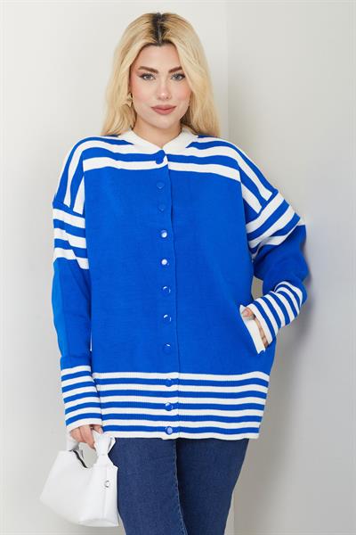 Bomber Yakalı Çizgili Triko Hırka SS2621 Saks