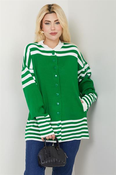 Bomber Yakalı Çizgili Triko Hırka SS2621 Yeşil