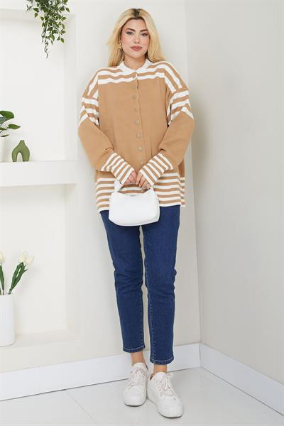 Bomber Yakalı Çizgili Triko Hırka SS2621 Camel