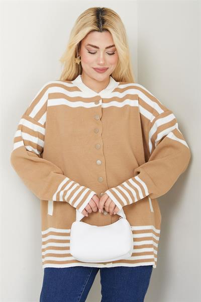 Bomber Yakalı Çizgili Triko Hırka SS2621 Camel