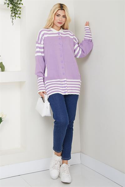 Bomber Yakalı Çizgili Triko Hırka SS2621 Lila