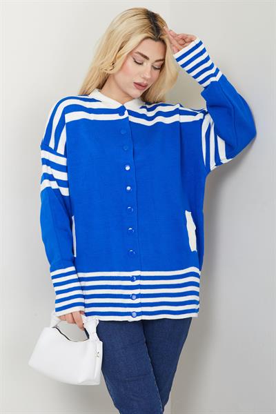 Bomber Yakalı Çizgili Triko Hırka SS2621 Saks