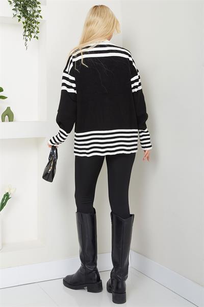 Bomber Yakalı Çizgili Triko Hırka SS2621 Siyah