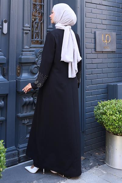 Boncuk ve Taş Detaylı Büyük Beden Anne Elbisesi Siyah SS2769