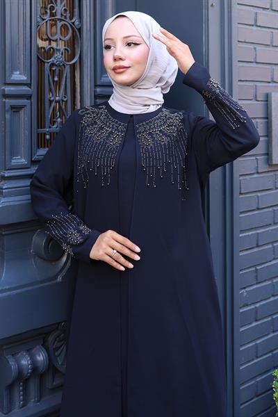 Boncuk ve Taş Detaylı Büyük Beden Anne Elbisesi Lacivert SS2769