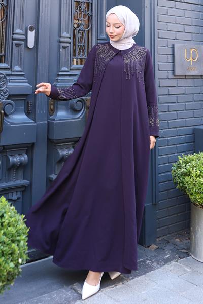 Boncuk ve Taş Detaylı Büyük Beden Anne Elbisesi Mürdüm SS2769