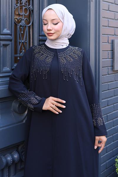 Boncuk ve Taş Detaylı Büyük Beden Anne Elbisesi Lacivert SS2769