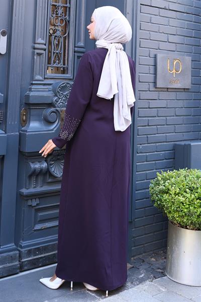 Boncuk ve Taş Detaylı Büyük Beden Anne Elbisesi Mürdüm SS2769