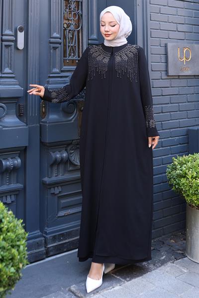 Boncuk ve Taş Detaylı Büyük Beden Anne Elbisesi Siyah SS2769