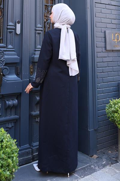Boncuk ve Taş Detaylı Büyük Beden Anne Elbisesi Lacivert SS2769