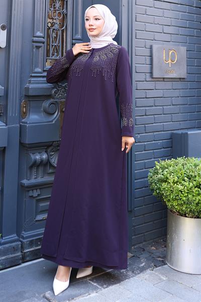 Boncuk ve Taş Detaylı Büyük Beden Anne Elbisesi Mürdüm SS2769