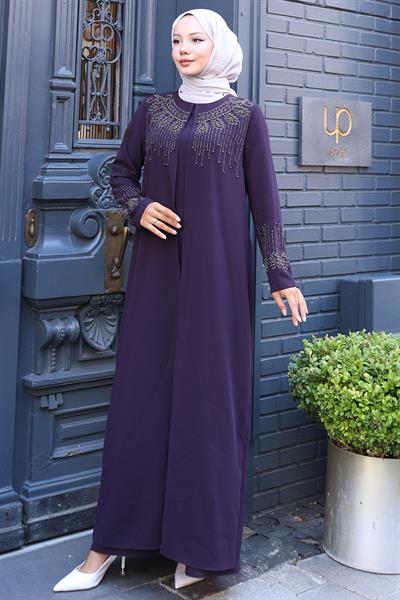 Boncuk ve Taş Detaylı Büyük Beden Anne Elbisesi Mürdüm SS2769