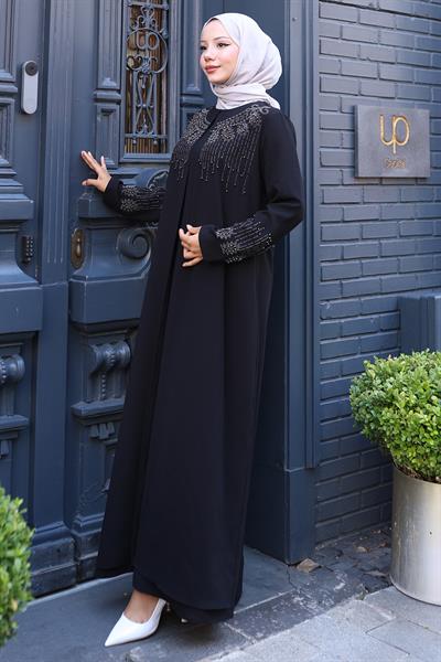 Boncuk ve Taş Detaylı Büyük Beden Anne Elbisesi Siyah SS2769