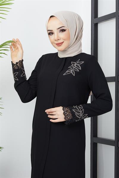 Büyük Beden Dantel Taş İşleme Detaylı Siyah Ferace