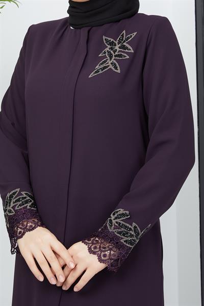 Büyük Beden Dantel Taş İşleme Detaylı Mürdüm Ferace