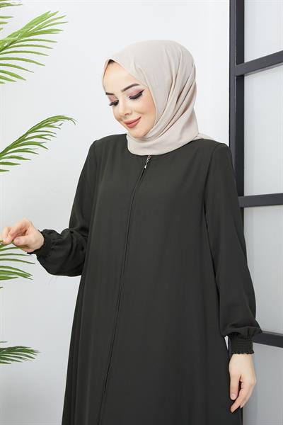 Büyük Beden Kolları Gipe Detaylı Haki Ferace