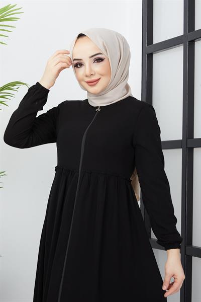 Büzgü Detaylı Siyah Ferace 