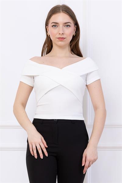 Çapraz Kesim Madonna Yaka Crop Beyaz SS2743