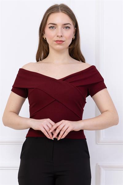 Çapraz Kesim Madonna Yaka Crop Bordo SS2743