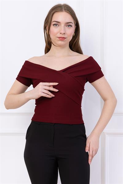 Çapraz Kesim Madonna Yaka Crop Bordo SS2743