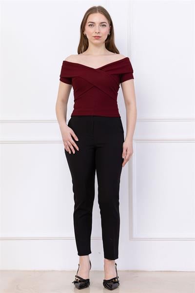 Çapraz Kesim Madonna Yaka Crop Bordo SS2743