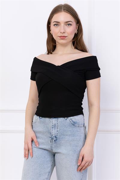 Çapraz Kesim Madonna Yaka Crop Siyah SS2743