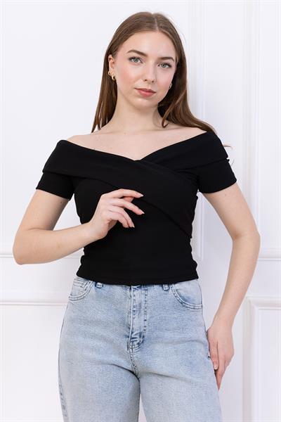 Çapraz Kesim Madonna Yaka Crop Siyah SS2743
