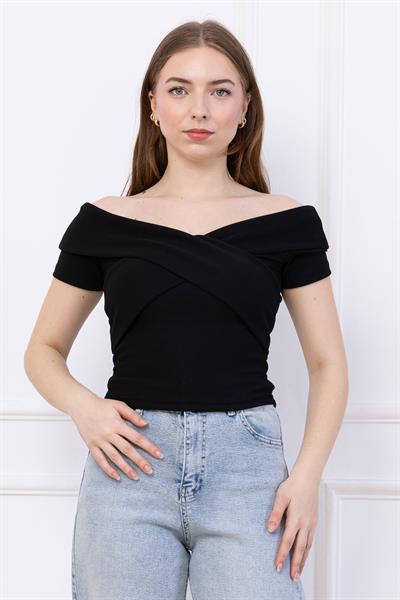 Çapraz Kesim Madonna Yaka Crop Siyah SS2743