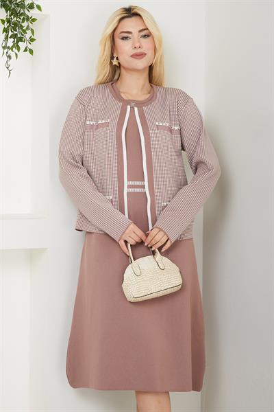 Ceketli Elbise Triko Takım Vizon SS2593