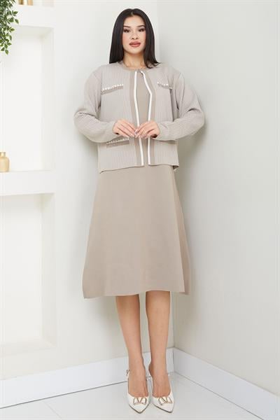 Ceketli Elbise Triko Takım Vizon SS2593