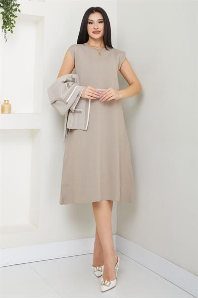 Ceketli Elbise Triko Takım Vizon SS2593